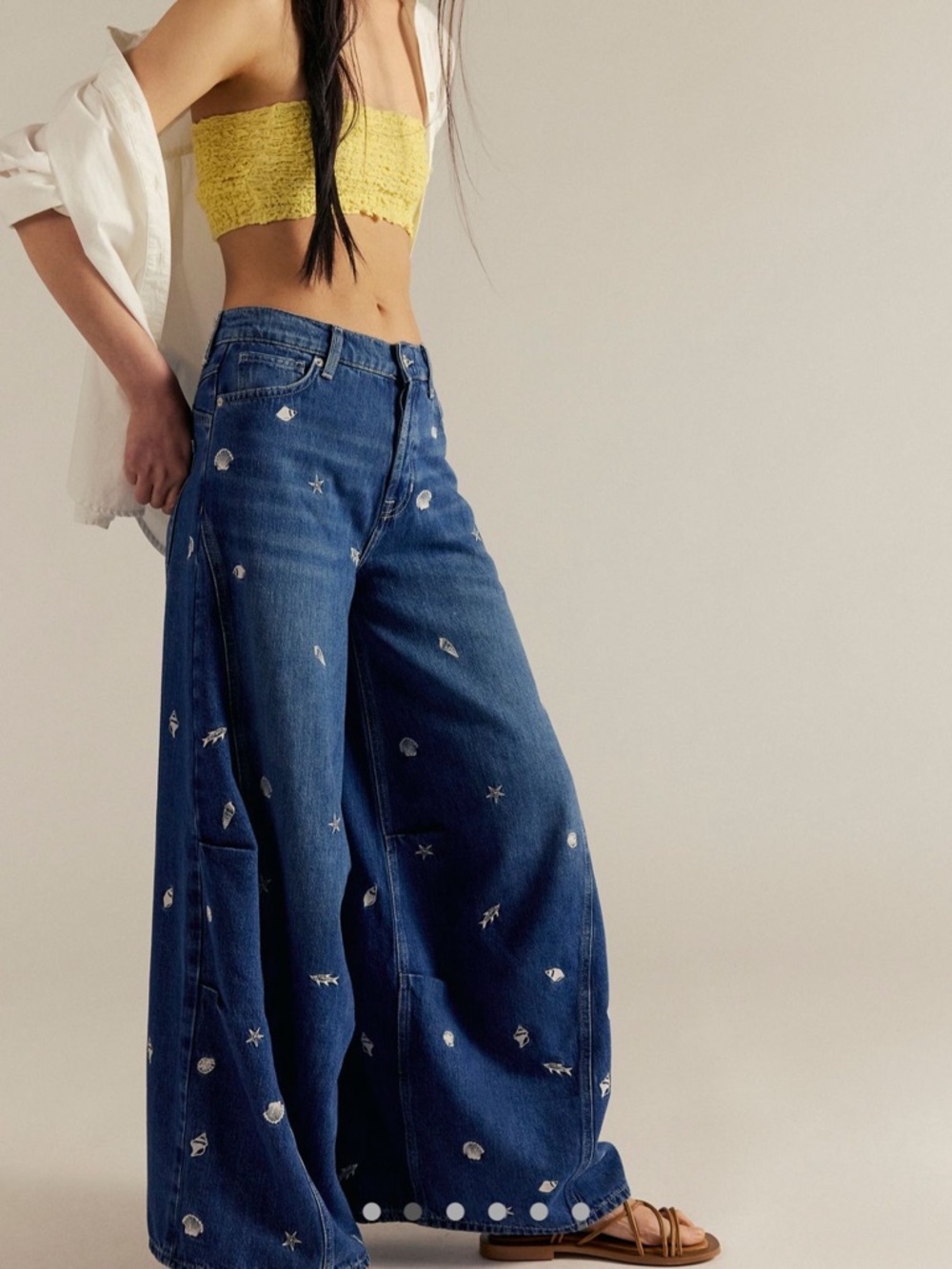 Free People Dark Blue West Ward Embroidered Wide-Leg Jeans